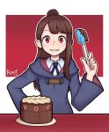  1girl artist_name blush brown_hair cake eyebrows food highres icing jacy kagari_atsuko little_witch_academia long_hair long_sleeves looking_at_viewer outline parted_lips red_eyes smile solo teeth upper_body white_outline 