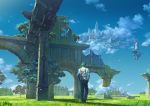  blue_pants blue_sky castle clouds commentary_request facing_away fantasy field floating_castle floating_city floating_island from_behind grass green_hair kaitan long_sleeves original outdoors pants ruins scenery shirt signature sky standing suspenders tree white_shirt windmill 