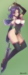  1girl adapted_costume ass bare_shoulders black_gloves black_legwear blush boots breasts capelet commentary_request elbow_gloves glaive gloves gradient gradient_background green_background hair_between_eyes high_heels highres kantai_collection large_breasts leotard looking_at_viewer mechanical_halo medium_hair open_mouth purple_hair remodel_(kantai_collection) sleeveless smile solo takeda_aranobu tatsuta_(kantai_collection) thigh-highs thigh_boots thighs twitter_username violet_eyes 