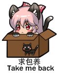  1girl animal_ears bangs blush blush_stickers bow box cat cat_paws chinese commentary_request ears_visible_through_hair engrish eyebrows_visible_through_hair fujiwara_no_mokou hair_between_eyes hair_bow long_hair lowres open_box paws pink_hair ranguage red_eyes shangguan_feiying simple_background solo squatting touhou translation_request white_background 