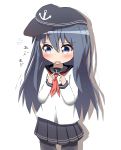  1girl absurdres akatsuki_(kantai_collection) anchor_print bangs black_hair black_hat black_legwear black_skirt blue_eyes blush commentary_request cowboy_shot eyebrows_visible_through_hair flat_cap flying_sweatdrops hair_between_eyes hat highres idaten93 kantai_collection long_hair long_sleeves looking_away looking_to_the_side neckerchief pantyhose parted_lips pleated_skirt red_neckwear school_uniform serafuku shirt simple_background skirt solo translation_request very_long_hair white_background white_shirt 