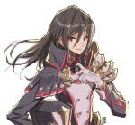  1girl adjusting_collar black_hair brown_eyes gloves hair_down looking_at_viewer meleph_(xenoblade) military military_uniform no_hat no_headwear saitou_masatsugu uniform white_gloves xenoblade_2 