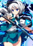  1girl bangs belt belt_buckle black_hairband black_neckwear black_ribbon blue_fire blue_skirt blue_vest buckle collared_shirt colored_eyelashes eyebrows_visible_through_hair fire ghost hair_ribbon hairband highres hitodama holding holding_sword holding_weapon katana konpaku_youmu konpaku_youmu_(ghost) looking_at_viewer necktie open_clothes open_vest petals puffy_short_sleeves puffy_sleeves ribbon sazanami_mio shirt short_hair short_sleeves silver_hair skirt solo standing sword thighs touhou vest weapon white_shirt wing_collar 