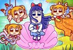  4girls :3 absurdres artist_name birth_of_venus bkub_(style) blue_eyes blue_hair blue_skirt bow brown_eyes brown_hair chibi clone commentary emphasis_lines fairy_wings fine_art_parody flying grass hair_bow hair_ornament hair_scrunchie highres jackie_yanes long_hair looking_at_viewer middle_finger multiple_girls outdoors parody pipimi pleated_skirt poptepipic popuko red_bow rope scarf school_uniform scrunchie serafuku shell skirt sparkle star_(sky) suspended tree twitter_username two_side_up water wings yellow_scrunchie 