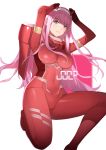  1girl absurdres aqua_eyes arms_up bangs blush bodysuit breasts character_name closed_mouth covered_navel darling_in_the_franxx eyebrows_visible_through_hair hairband highres horns kneeling light_smile long_hair looking_at_viewer medium_breasts pilot_suit pink_hair red_bodysuit shiny shiny_clothes shiny_hair shiny_skin skin_tight smile solo white_background white_hairband yykuaixian zero_two_(darling_in_the_franxx) 