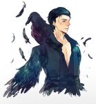  1boy bird black_hair character_name crow diaval disney feathered_wings feathers grey_eyes male_focus maleficent_(movie) mikann0206 scar simple_background sleeping_beauty solo white_background wings 