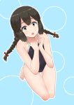  1girl 30-06 black_eyes black_hair blue_background braid competition_school_swimsuit flat_chest hair_between_eyes highres isonami_(kantai_collection) kantai_collection long_hair looking_at_viewer open_mouth school_swimsuit solo swimsuit twin_braids 