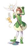  &gt;_&lt; 1girl animal_costume antenna_hair artist_request blush_stickers brown_hair card_captor_sakura clear_card frog frog_costume full_body green_eyes highres kero kinomoto_sakura magical_girl short_hair simple_background smile solo wand water white_background wings yume_no_tsue 