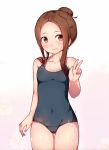  1girl breasts brown_eyes brown_hair competition_school_swimsuit covered_navel cowboy_shot deru06 gluteal_fold grey_swimsuit hair_bun karakai_jouzu_no_takagi-san long_hair looking_at_viewer school_swimsuit sidelocks simple_background small_breasts solo swimsuit takagi-san thigh_gap v white_background 