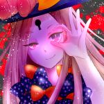 1girl abigail_williams_(fate/grand_order) arm_up bangs black_bow black_hat blonde_hair bow closed_mouth commentary_request eyebrows_visible_through_hair fate/grand_order fate_(series) hat head_tilt keyhole long_hair looking_at_viewer orange_bow parted_bangs polka_dot polka_dot_bow reki_(r_rl4) smile solo stuffed_animal stuffed_toy teddy_bear uneven_eyes very_long_hair violet_eyes witch_hat 