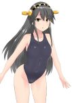  1girl 30-06 black_hair breasts competition_school_swimsuit hair_ornament hairband haruna_(kantai_collection) headgear highres kantai_collection long_hair medium_breasts open_mouth smile solo swimsuit white_background 