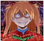  1girl blank_stare blue_eyes bodysuit constricted_pupils crying crying_with_eyes_open eyebrows_visible_through_hair grin highres meme neon_genesis_evangelion nervous_smile orange_hair red_bodysuit saliva smile solo souryuu_asuka_langley spoilers tears text theironmountain upper_body 
