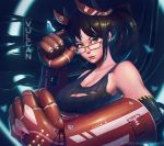  1girl arm_up bangs bare_shoulders black_hair black_shirt breasts cleavage collarbone commentary deviantart_username glasses guweiz hand_to_head large_breasts long_hair looking_at_viewer mechanical_arm open_mouth original parted_lips screw shirt solo tank_top vulcan yellow_eyes 