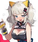  1girl bangs bare_shoulders blush breasts cleavage cleavage_cutout drunk hair_ornament hairclip kaguya_luna kaguya_luna_(character) large_breasts open_mouth silver_hair sleeveless solo strong_zero twintails upper_body uzubilla 