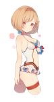  1girl arm_behind_back bangs blush bow breasts brown_eyes cleavage closed_mouth commentary_request cropped_legs djeeta_(granblue_fantasy) eyebrows_visible_through_hair frilled_swimsuit frills from_side gin00 granblue_fantasy hairband halterneck looking_at_viewer medium_breasts red_bow short_hair simple_background solo standing stomach swimsuit thigh_strap white_background white_swimsuit 