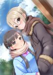  2girls :3 :o black_eyes blonde_hair blue_jacket blue_sky braid breath closed_mouth clouds cloudy_sky coat commentary_request day dutch_angle fur_trim glasses grey_eyes grey_hair grey_jacket hair_ornament hands_in_sleeves highres idolmaster idolmaster_cinderella_girls jacket kobayakawa_sae long_sleeves looking_at_viewer multiple_girls negija outdoors parted_lips pink_scarf red-framed_eyewear red_scarf scarf shiomi_shuuko short_hair sky smile tree winter_clothes winter_coat 
