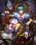  2girls asellus_(saga_frontier) bangs bare_shoulders blonde_hair blue_dress breasts cleavage closed_eyes dress emperors_saga flower green_hair highres large_breasts liduke long_sleeves looking_at_viewer multiple_girls official_art parted_lips plant planted_sword planted_weapon puffy_short_sleeves puffy_sleeves red_flower red_lips red_rose rose saga saga_frontier short_over_long_sleeves short_sleeves sitting skirt smile square_enix sword vines violet_eyes watermark weapon white_flower white_rose white_skirt 