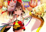  1girl bow brown_eyes brown_hair dancing detached_sleeves fox_mask hair_bow hair_tubes hakurei_reimu lantern mask medium_hair sarashi smile tagme touhou wide_sleeves yuuka_nonoko 