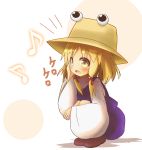 1girl :d bangs beige_hat blonde_hair blush brown_footwear commentary_request eyebrows_visible_through_hair full_body hair_ribbon hand_on_own_cheek hat highres idaten93 long_sleeves looking_at_viewer moriya_suwako musical_note open_mouth purple_skirt purple_vest quaver red_ribbon ribbon shirt shoes sidelocks skirt smile solo squatting touhou translation_request vest white_shirt wide_sleeves yellow_eyes 