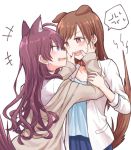  2girls animal_ears bangs blue_eyes blush brown_hair cat_ears collar dog_ears earrings eyebrows_visible_through_hair fang hitsuji_nata ichinose_shiki idolmaster idolmaster_cinderella_girls jewelry long_hair multiple_girls nitta_minami open_mouth purple_hair speech_bubble sweatdrop wavy_hair white_background 