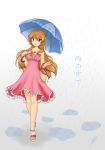  1girl bag brown_eyes brown_hair collar dress drip dripping golden_time heart jakly kaga_kouko pink_dress pixiv puddle rain solo umbrella 