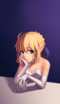  1girl absurdres ahoge artoria_pendragon_(all) blonde_hair blue_background blue_ribbon boa_(brianoa) cocktail dress elbow_gloves fate/stay_night fate_(series) glass gloves gradient gradient_background green_eyes hair_ribbon hand_on_own_face highres looking_at_viewer ribbon saber solo strapless strapless_dress upper_body white_gloves 