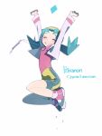 1girl arms_up bike_shorts blue_hair copyright_name crystal_(pokemon) grin hat heart jumping omiya599 pokemon pokemon_(game) pokemon_gsc shoes simple_background smile sneakers twintails white_background 