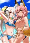  2girls animal_ears aqua_hair ass bare_shoulders bikini blue_bikini blush bow breasts cleavage commentary_request erect_nipples fate/grand_order fate_(series) fox_ears fox_tail green_hair groin hair_bow horns kiyohime_(fate/grand_order) kiyohime_(swimsuit_lancer)_(fate) large_breasts long_hair looking_at_viewer looking_back multiple_girls navel ocean outdoors pink_hair ponytail red_eyes side-tie_bikini sky smile swimsuit tail tamamo_(fate)_(all) tamamo_no_mae_(fate) tamamo_no_mae_(swimsuit_lancer)_(fate) wardrobe_malfunction yellow_eyes yumedama 