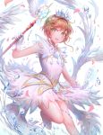  1girl antenna_hair bangs bare_arms bare_legs bare_shoulders between_fingers blush brown_hair card card_captor_sakura clear_card dress eyebrows_visible_through_hair feathered_wings gloves green_eyes hair_intakes holding holding_card holding_wand kinomoto_sakura leg_up looking_at_viewer no_socks ozzingo petals shiny shiny_skin short_hair short_hair_with_long_locks sidelocks simple_background sleeveless sleeveless_dress solo standing standing_on_one_leg star tareme tiara wand water water_drop white_background white_dress white_gloves white_wings wings 