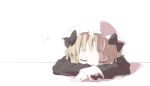  1girl blonde_hair boro_(tn-boro) closed_eyes desk hair_ribbon hat mahou_shoujo_ikusei_keikaku mahou_shoujo_ikusei_keikaku_restart nokko-chan on_desk ribbon shadow sleeping solo white_background 