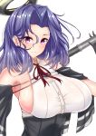  1girl bare_shoulders blush breasts closed_mouth commentary_request gloves hair_intakes highres kantai_collection large_breasts looking_at_viewer mechanical_halo polearm purple_hair remodel_(kantai_collection) sankakusui shiny shiny_hair shiny_skin short_hair sideboob simple_background smile solo tatsuta_(kantai_collection) upper_body violet_eyes weapon white_background 