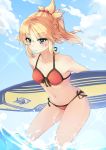  1girl aka--chi aqua_eyes artist_name bikini blonde_hair blue_sky blush braid eyebrows_visible_through_hair fate_(series) french_braid front-tie_top hair_ornament hair_scrunchie high_ponytail highres leaning_forward mordred_(fate) mordred_(fate)_(all) navel red_bikini scrunchie side-tie_bikini sky smile solo splashing surfboard swimsuit wading 