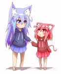  2girls :o absurdres aka_neko_(idaten93) animal_ears bangs barefoot blue_eyes blue_hoodie blue_skirt blush brown_hoodie cat_ears cat_girl cat_tail closed_mouth comic commentary_request eye_contact eyebrows_visible_through_hair fang fox_ears gradient_hair hair_between_eyes hair_ornament hand_holding highres hood hood_down hoodie idaten93 long_sleeves looking_at_another looking_to_the_side multicolored_hair multiple_girls orange_hair original parted_lips pink_hair pleated_skirt purple_hair red_eyes red_skirt sidelocks skirt sleeves_past_wrists smile tail till_(idaten93) walking white_background x_hair_ornament 