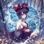  1girl bird black_hair breasts cleavage dress fate/grand_order fate_(series) hair_ornament katsushika_hokusai_(fate/grand_order) kleinlight medium_breasts off_shoulder red_eyes short_hair sketch solo 