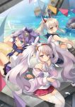  3girls animal_ears ayanami_(azur_lane) azur_lane bangs bare_shoulders blue_eyes blush commentary_request crown eyebrows_visible_through_hair gloves hair_between_eyes hair_ornament hair_ribbon hairband jacket javelin_(azur_lane) kurot laffey_(azur_lane) long_hair looking_at_viewer mini_crown multiple_girls one_eye_closed open_mouth pleated_skirt ponytail purple_hair rabbit_ears red_eyes ribbon school_uniform serafuku silver_hair skirt smile thigh-highs twintails white_gloves white_legwear 