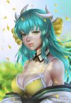  1girl aqua_hair artist_name breasts character_request cleavage day detached_collar fate/grand_order fate_(series) green_eyes highres horns hue_nguyen large_breasts lips long_hair looking_at_viewer nose outdoors petals sideboob solo sunlight upper_body yellow_bikini_top yellow_petals 