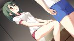  1girl bloomers blush brown_eyes dutch_angle enomoto_kaho game_cg green_hair gym_storeroom gym_uniform hair_ornament hairclip highres kantoku knees_together_feet_apart looking_at_another parted_lips short_sleeves solo_focus underwear your_diary 
