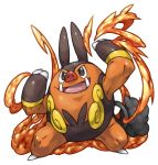  :d black_eyes commentary_request fire full_body hands_up legs_apart no_humans open_mouth pearl7 pignite pokemon pokemon_(creature) simple_background smile solo white_background 