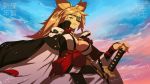  1girl absurdres baiken blonde_hair breasts cleavage eyepatch guilty_gear guilty_gear_xrd highres ippo large_breasts light_smile looking_at_viewer red_eyes sheath sheathed solo sword twilight weapon 