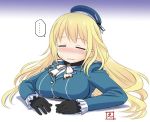  ... 1girl atago_(kantai_collection) black_gloves blonde_hair blue_hat blush bow bowtie breasts closed_eyes closed_mouth ebifly fur_trim gloves hat kantai_collection large_breasts long_hair long_sleeves signature solo speech_bubble spoken_ellipsis stuck upper_body white_neckwear 