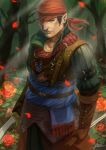  1boy artist_name blue_eyes brown_hair dagger dated flower gloves hat highres iorveth jeekyl_sur male_focus one_eye_covered petals pointy_ears rose solo sword tattoo the_witcher the_witcher_2 tree weapon 
