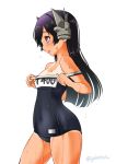  1girl bare_shoulders black_hair cowboy_shot headgear highres i-400_(kantai_collection) kantai_collection long_hair name_tag one-piece_tan profile school_swimsuit simple_background sogabe_toshinori solo standing swimsuit swimsuit_pull tan tanline twitter_username violet_eyes wet wet_clothes wet_swimsuit white_background 