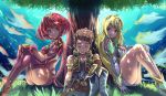  1boy 2girls armor artist_request black_hair blonde_hair blush bodysuit breasts brown_hair cleavage crotchless_pants dress fingerless_gloves gloves hair_ornament harem mythra_(xenoblade) pyra_(xenoblade) large_breasts long_hair male_focus multiple_girls red_eyes redhead rex_(xenoblade_2) short_hair sleeping smile tree xenoblade xenoblade_2 yellow_eyes 