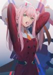  1girl aqua_eyes arms_up bangs breasts candy commentary dangmill darling_in_the_franxx eyebrows_visible_through_hair food hair_between_eyes hairband horns lollipop long_hair long_sleeves looking_at_viewer mecha medium_breasts mouth_hold open_mouth pink_hair red_shirt revision school_uniform shirt solo strelizia teeth uniform upper_body white_hairband zero_two_(darling_in_the_franxx) 