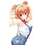  1girl :o animal_ears arms_up blush brown_hair denim eyebrows_visible_through_hair fake_animal_ears holding_ears horns looking_at_viewer red_eyes sheep_ears sheep_horns solo suspenders transparent_background 