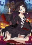  1girl black_dress black_hair blue_eyes bottle candle carchet copyright_name dress ghost gothic_lolita halloween ketchup ketchup_bottle lolita_fashion looking_at_viewer official_art open_mouth pumpkin seiza short_hair sid_story sitting 