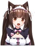  1girl :3 :d animal_ears artist_name bangs bell blunt_bangs bow bowtie brown_eyes brown_hair cat_ears chocola_(sayori) cleavage_cutout eyebrows_visible_through_hair jingle_bell kaafi long_hair looking_at_viewer maid maid_headdress nekopara open_mouth pink_neckwear puffy_short_sleeves puffy_sleeves short_sleeves simple_background slit_pupils smile solo twintails upper_body watermark white_background 