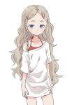  1girl absurdres bangs blue_eyes blush braid closed_mouth contrapposto cowboy_shot hair_ornament hairclip highres looking_at_viewer off_shoulder original parted_bangs shirt short_sleeves simple_background single_bare_shoulder solo standing white_background white_shirt yamamoto_souichirou 