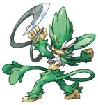 commentary_request from_behind full_body hand_up holding holding_weapon legs_apart looking_at_viewer looking_back no_humans pearl7 pokemon pokemon_(creature) simisage simple_background solo standing weapon whip white_background 