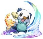  :d arms_up black_eyes commentary_request fang fins fire full_body looking_at_viewer no_humans open_mouth oshawott pearl7 pokemon pokemon_(creature) rainbow seashell shell simple_background smile solo standing water white_background 